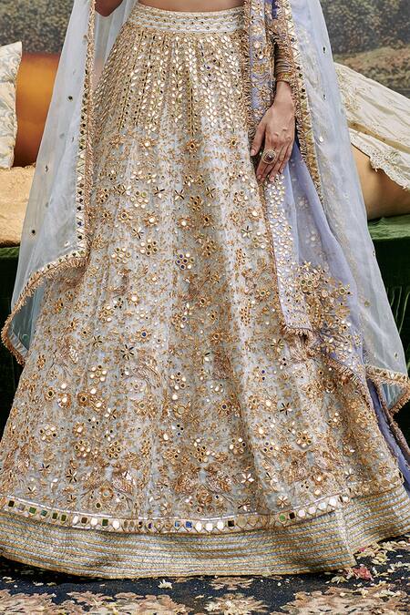 Buy_Itrh_Blue Brocade, Khwab Sitara Zari Embroidered Floral Pattern Bridal Lehenga Set _Online_at_Aza_Fashions