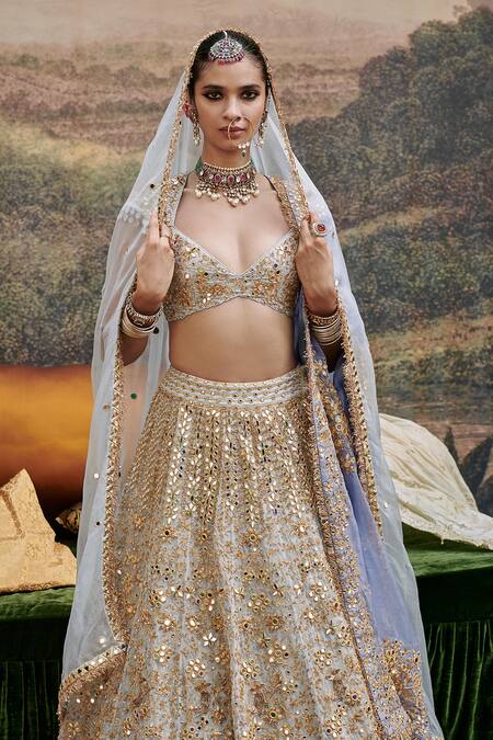 Shop_Itrh_Blue Brocade, Khwab Sitara Zari Embroidered Floral Pattern Bridal Lehenga Set _Online_at_Aza_Fashions