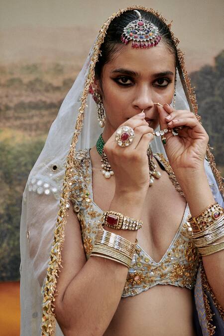 Itrh_Blue Brocade, Khwab Sitara Zari Embroidered Floral Pattern Bridal Lehenga Set _at_Aza_Fashions