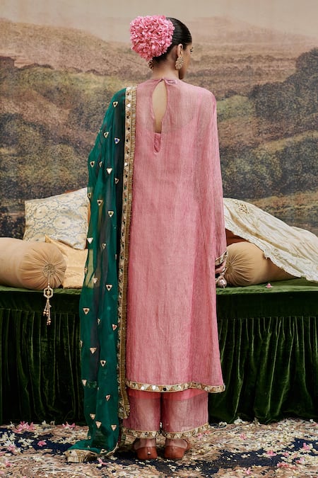 Shop_Itrh_Pink Organza, Tissue, Crepe Padma Tabaan Embellished Textured Kurta Pant Set _at_Aza_Fashions