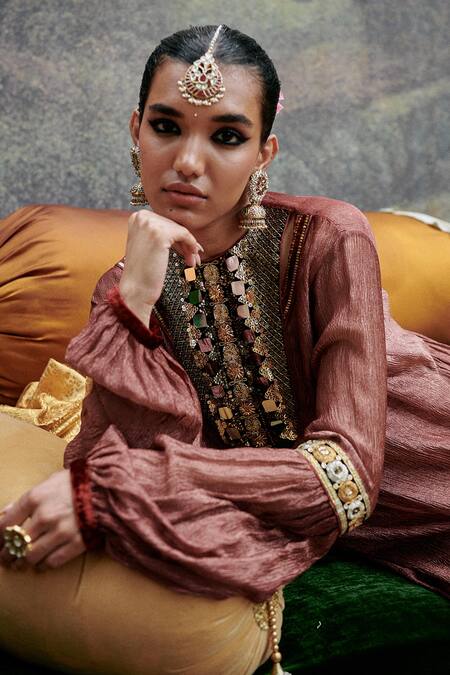 Itrh Red Crepe, Organza Mirrors, Lace, Ishq Arzoo Embroidered Bodice Kurta Pant Set at Aza Fashions Itrh_Red Crepe, Organza Mirrors, Lace, Ishq Arzoo Embroidered Bodice Kurta Pant Set _at_Aza_Fashions