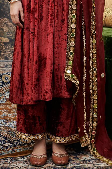 Itrh_Red Velvet, Organza Zari, Mirrors, Surkh Shahi Mirrorwork Kurta Pant Set _Online_at_Aza_Fashions
