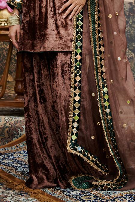 Shop Itrh Brown Velvet, Organza Makhmal Khayal Mirrorwork Short Kurta Sharara Set Online at Aza Fashions Shop_Itrh_Brown Velvet, Organza Makhmal Khayal Mirrorwork Short Kurta Sharara Set _Online_at_Aza_Fashions
