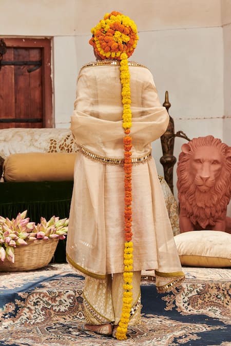 Shop_Itrh_Gold Chanderi, Brocade, Cotton, Chaand Chevron Embellished Kurta Pant Set _at_Aza_Fashions