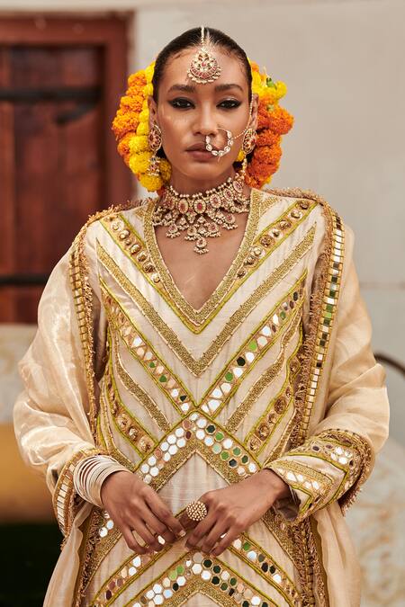 Itrh_Gold Chanderi, Brocade, Cotton, Chaand Chevron Embellished Kurta Pant Set _Online_at_Aza_Fashions