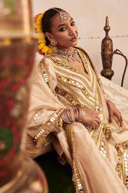 Itrh_Gold Chanderi, Brocade, Cotton, Chaand Chevron Embellished Kurta Pant Set _at_Aza_Fashions