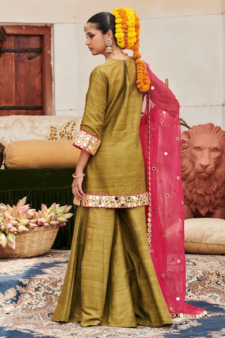 Shop_Itrh_Green Chanderi, Silk, Tissue Sheesh Harit Mirrorwork Short Kurta Sharara Set _at_Aza_Fashions