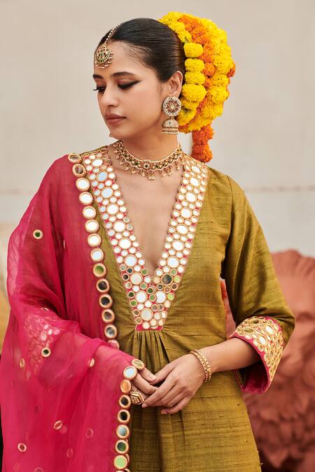 Buy_Itrh_Green Chanderi, Silk, Tissue Sheesh Harit Mirrorwork Short Kurta Sharara Set _Online_at_Aza_Fashions