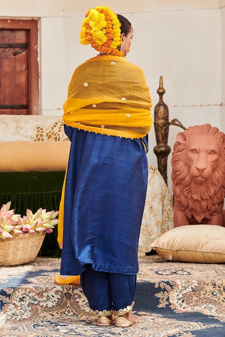 Shop Itrh Blue Silk, Tissue Gota Patti, Mirrors V-neck Shyama Border Anarkali Pant Set at Aza Fashions Shop_Itrh_Blue Silk, Tissue Gota Patti, Mirrors V-neck Shyama Border Anarkali Pant Set _at_Aza_Fashions