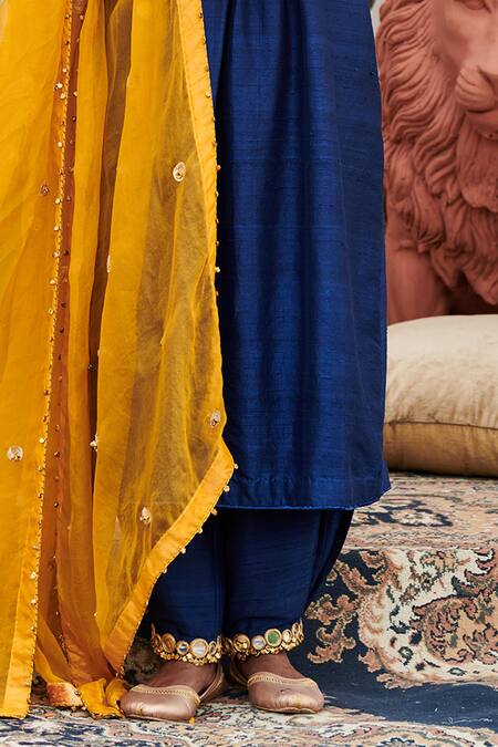 Itrh Blue Silk, Tissue Gota Patti, Mirrors V-neck Shyama Border Anarkali Pant Set Online at Aza Fashions Itrh_Blue Silk, Tissue Gota Patti, Mirrors V-neck Shyama Border Anarkali Pant Set _Online_at_Aza_Fashions