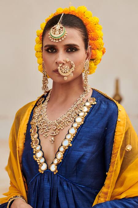 Buy Itrh Blue Silk, Tissue Gota Patti, Mirrors V-neck Shyama Border Anarkali Pant Set Online at Aza Fashions Buy_Itrh_Blue Silk, Tissue Gota Patti, Mirrors V-neck Shyama Border Anarkali Pant Set _Online_at_Aza_Fashions