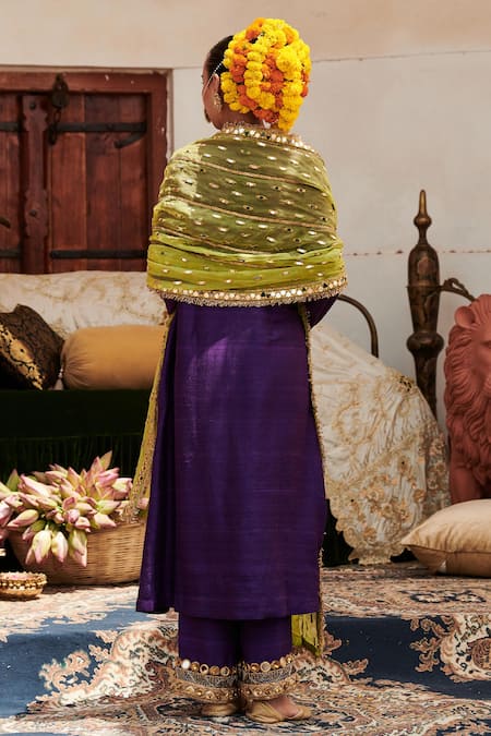 Shop_Itrh_Purple Chanderi, Silk, Arghwani Embellished Kurta Set With Contrast Dupatta _at_Aza_Fashions