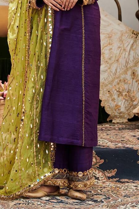 Itrh_Purple Chanderi, Silk, Arghwani Embellished Kurta Set With Contrast Dupatta _Online_at_Aza_Fashions