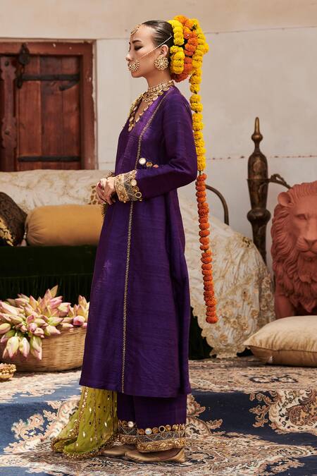 Buy_Itrh_Purple Chanderi, Silk, Arghwani Embellished Kurta Set With Contrast Dupatta _Online_at_Aza_Fashions