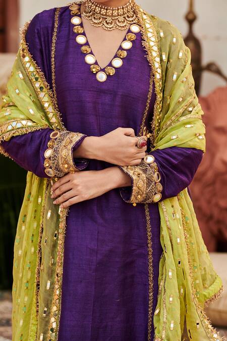 Shop_Itrh_Purple Chanderi, Silk, Arghwani Embellished Kurta Set With Contrast Dupatta _Online_at_Aza_Fashions