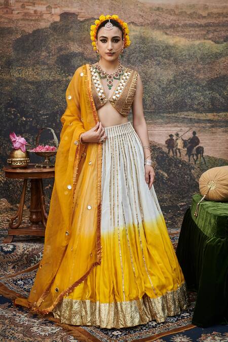 Buy_Itrh_Yellow Chanderi, Organza, Surabhi Gota Patti Embellished Ombre Lehenga Set _Online_at_Aza_Fashions