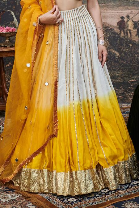 Shop_Itrh_Yellow Chanderi, Organza, Surabhi Gota Patti Embellished Ombre Lehenga Set _Online_at_Aza_Fashions