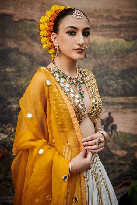 Itrh_Yellow Chanderi, Organza, Surabhi Gota Patti Embellished Ombre Lehenga Set _at_Aza_Fashions