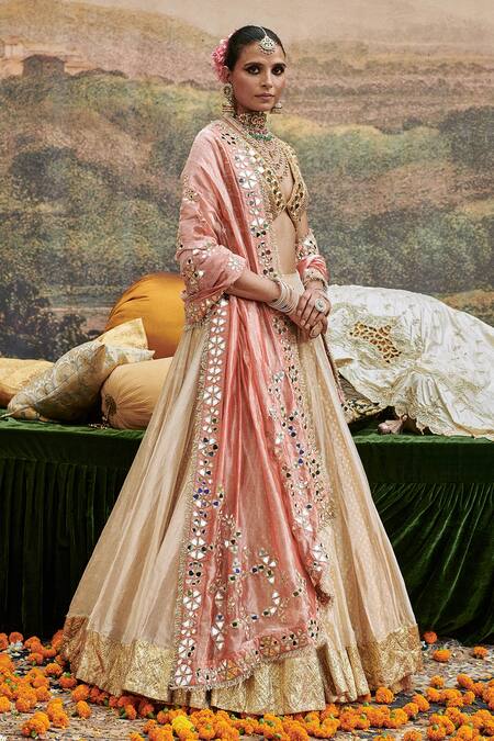 Itrh Beige Chanderi, Tissue Mirrors, Gota Svet Gulal Bridal Lampi Border Lehenga Set Online at Aza Fashions Itrh_Beige Chanderi, Tissue Mirrors, Gota Svet Gulal Bridal Lampi Border Lehenga Set _Online_at_Aza_Fashions