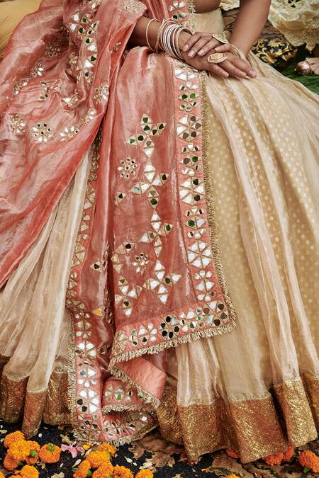 Itrh Beige Chanderi, Tissue Mirrors, Gota Svet Gulal Bridal Lampi Border Lehenga Set at Aza Fashions Itrh_Beige Chanderi, Tissue Mirrors, Gota Svet Gulal Bridal Lampi Border Lehenga Set _at_Aza_Fashions