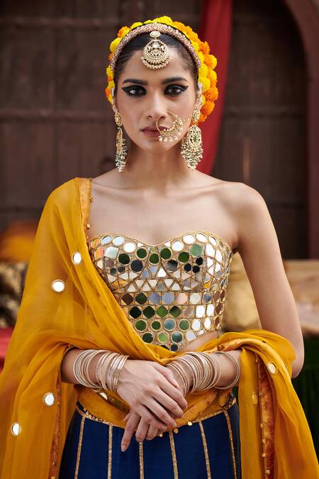 Itrh Blue Lurex, Chanderi, Organza, Qainaat Bridal Butti Embroidered Lehenga Set Online at Aza Fashions Itrh_Blue Lurex, Chanderi, Organza, Qainaat Bridal Butti Embroidered Lehenga Set_Online_at_Aza_Fashions