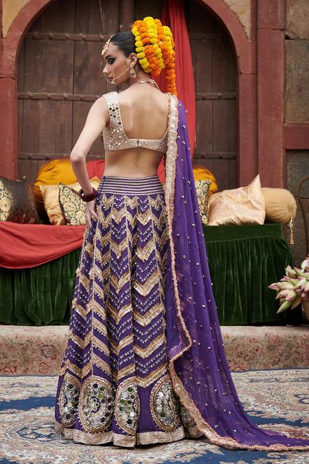 Shop Itrh Purple Chanderi, Linen, Organza Ulfat Jamuni Bridal Chevron Lehenga Set at Aza Fashions Shop_Itrh_Purple Chanderi, Linen, Organza Ulfat Jamuni Bridal Chevron Lehenga Set_at_Aza_Fashions