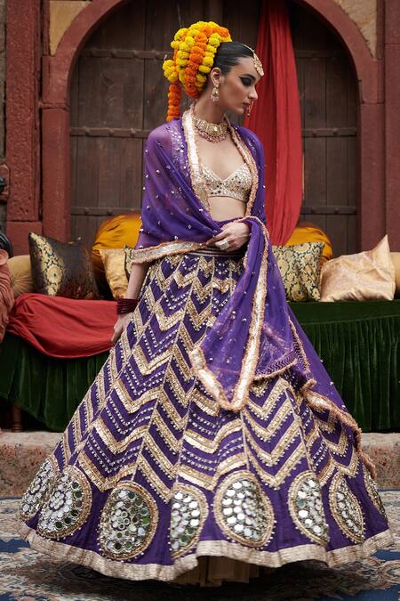 Buy Itrh Purple Chanderi, Linen, Organza Ulfat Jamuni Bridal Chevron Lehenga Set Online at Aza Fashions Buy_Itrh_Purple Chanderi, Linen, Organza Ulfat Jamuni Bridal Chevron Lehenga Set_Online_at_Aza_Fashions