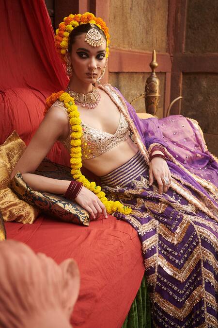 Shop Itrh Purple Chanderi, Linen, Organza Ulfat Jamuni Bridal Chevron Lehenga Set Online at Aza Fashions Shop_Itrh_Purple Chanderi, Linen, Organza Ulfat Jamuni Bridal Chevron Lehenga Set_Online_at_Aza_Fashions