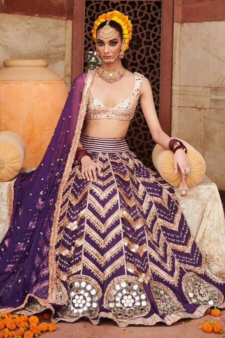 Itrh Purple Chanderi, Linen, Organza Ulfat Jamuni Bridal Chevron Lehenga Set at Aza Fashions Itrh_Purple Chanderi, Linen, Organza Ulfat Jamuni Bridal Chevron Lehenga Set_at_Aza_Fashions