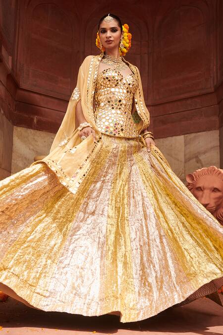 Shop_Itrh_Silver , Chanderi Mirrors, Sona Sheesh Lampi Bridal Lehenga Set _Online_at_Aza_Fashions