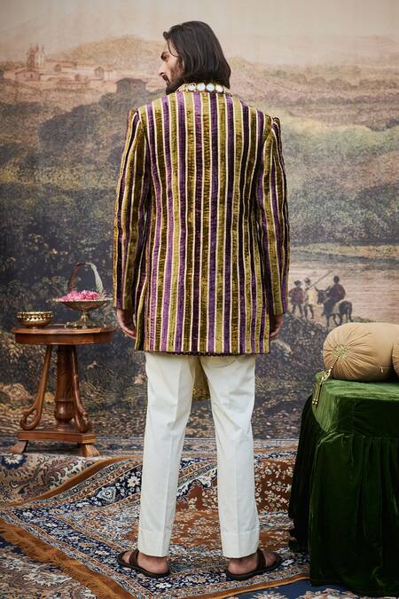 Shop_Itrh_Purple Cotton, Velvet Gota Patti, Varn Harit Makhmal Sherwani Pant Set _at_Aza_Fashions