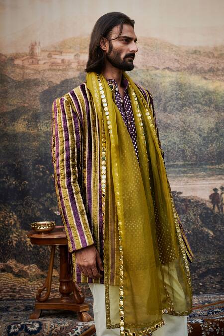 Itrh_Purple Cotton, Velvet Gota Patti, Varn Harit Makhmal Sherwani Pant Set _Online_at_Aza_Fashions