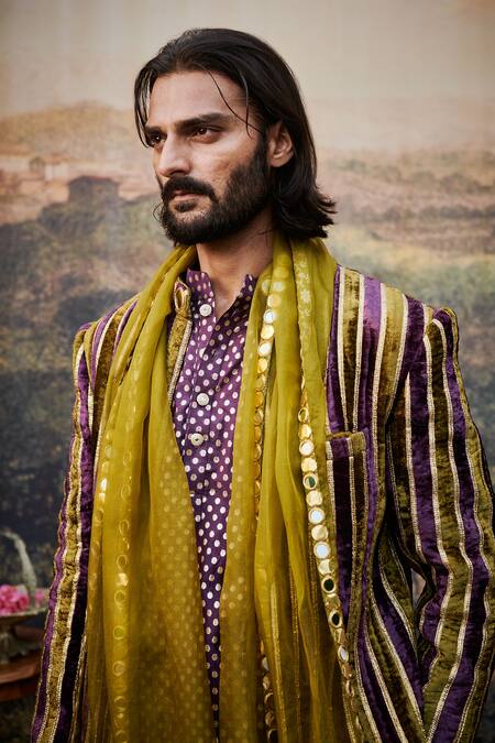 Buy_Itrh_Purple Cotton, Velvet Gota Patti, Varn Harit Makhmal Sherwani Pant Set _Online_at_Aza_Fashions