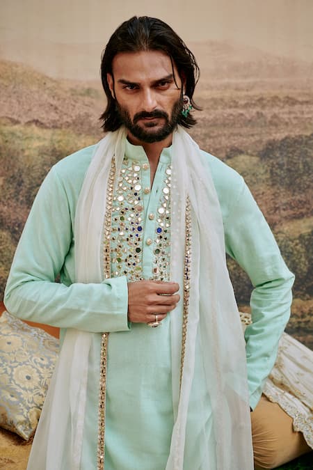 Shop_Itrh_Blue Linen, Cotton, Organza Mirrors, Embroidery Aasmani Kurta And Pant Set _at_Aza_Fashions