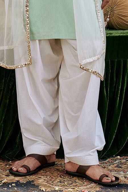 Itrh_Blue Linen, Cotton, Organza Mirrors, Embroidery Aasmani Kurta And Pant Set _Online_at_Aza_Fashions