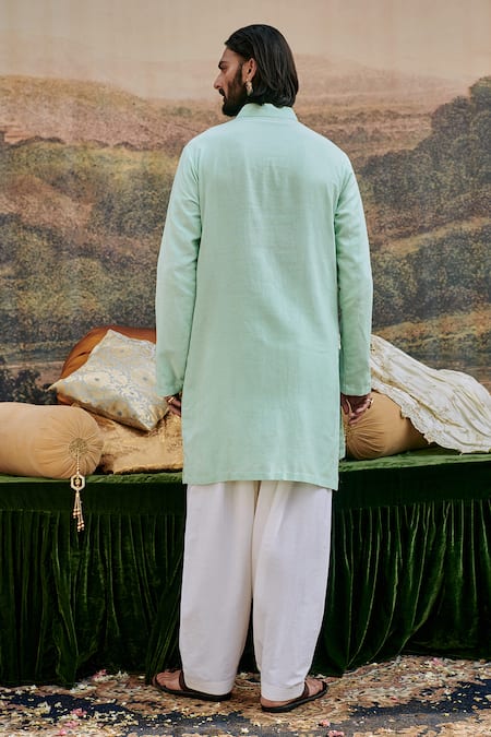 Shop_Itrh_Blue Linen, Cotton Mirrors Aasmani Embroidered Kurta With Pant _at_Aza_Fashions