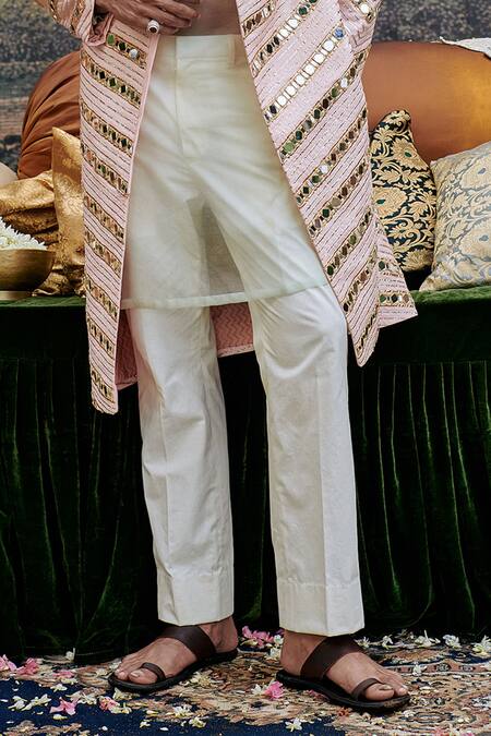 Itrh Pink Cotton, Linen, Chanderi Mirrors, Gota Zehra Embroidered Sherwani With Pant Online at Aza Fashions Itrh_Pink Cotton, Linen, Chanderi Mirrors, Gota Zehra Embroidered Sherwani With Pant _Online_at_Aza_Fashions