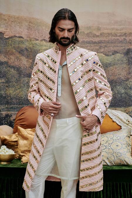 Buy Itrh Pink Cotton, Linen, Chanderi Mirrors, Gota Zehra Embroidered Sherwani With Pant Online at Aza Fashions Buy_Itrh_Pink Cotton, Linen, Chanderi Mirrors, Gota Zehra Embroidered Sherwani With Pant _Online_at_Aza_Fashions
