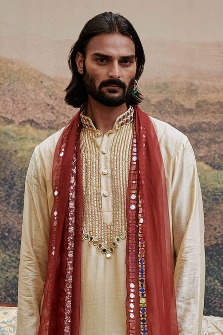 Buy_Itrh_Beige Cotton, Organza Mirrors Zora Embroidered Yoke Kurta And Salwar Set _Online_at_Aza_Fashions