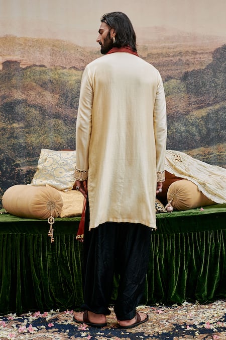 Shop_Itrh_Beige Cotton Gota Patti, Mirrors Zora Embroidered Yoke Kurta With Salwar _at_Aza_Fashions