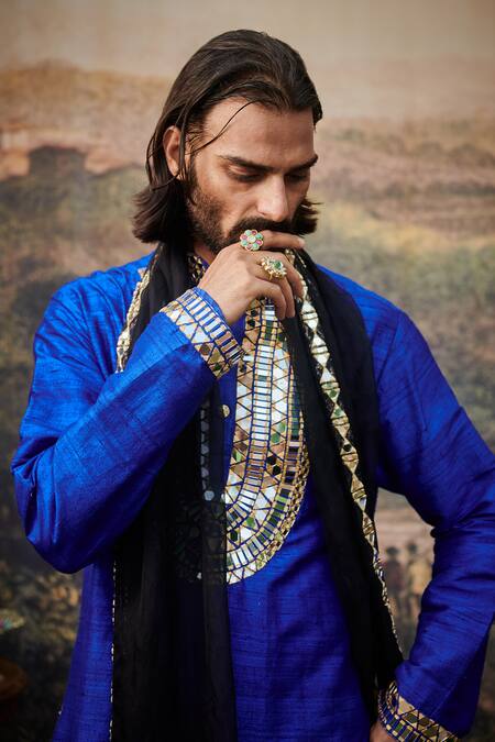 Shop_Itrh_Blue Cotton, Silk, Organza Mirrors, Embroidery Sufi Kurta And Salwar Set _at_Aza_Fashions