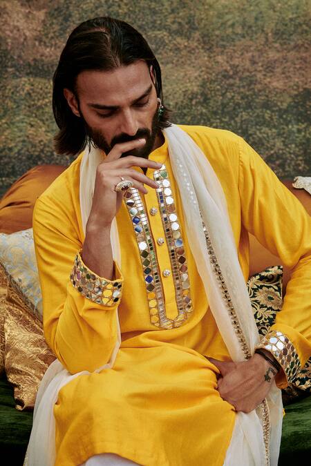 Buy Itrh Yellow Chanderi, Cotton, Organza Mirrors Khayalat-e Embroidered Kurta And Pant Set Online at Aza Fashions Buy_Itrh_Yellow Chanderi, Cotton, Organza Mirrors Khayalat-e Embroidered Kurta And Pant Set _Online_at_Aza_Fashions