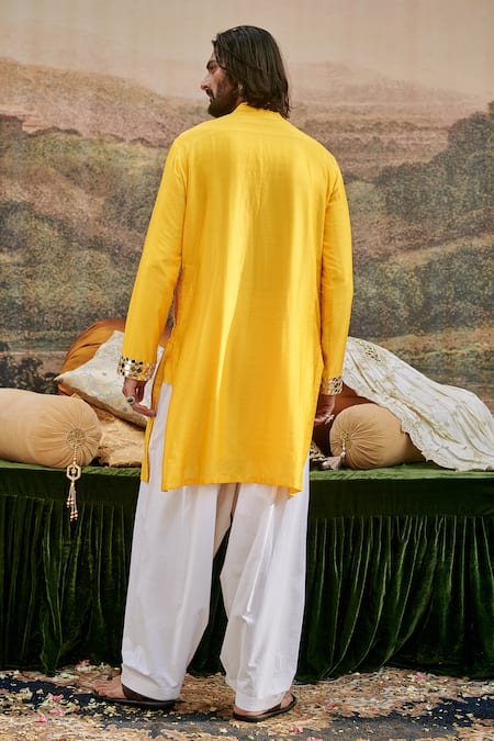 Shop_Itrh_Yellow Chanderi, Cotton Mirrors Khayalat-e Embroidered Kurta With Pant _at_Aza_Fashions