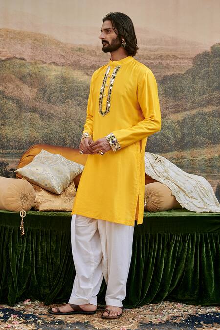 Shop_Itrh_Yellow Chanderi, Cotton Mirrors Khayalat-e Embroidered Kurta With Pant _Online_at_Aza_Fashions