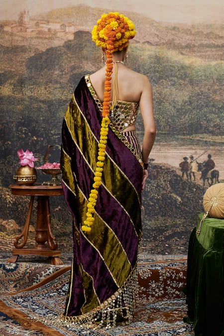 Shop_Itrh_Green Chanderi, Velvet Pre-draped Two Tone Saree With Embroidered Blouse _at_Aza_Fashions