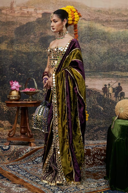 Itrh_Green Chanderi, Velvet Pre-draped Two Tone Saree With Embroidered Blouse _Online_at_Aza_Fashions