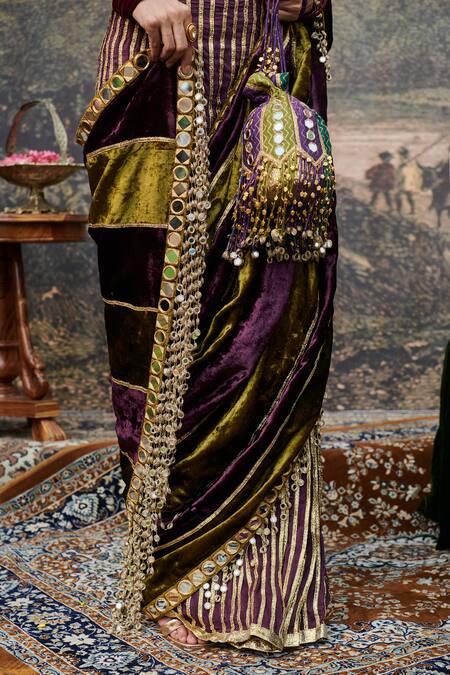 Buy_Itrh_Green Chanderi, Velvet Pre-draped Two Tone Saree With Embroidered Blouse _Online_at_Aza_Fashions