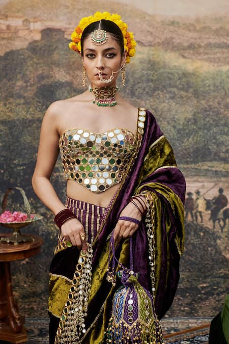 Shop_Itrh_Green Chanderi, Velvet Pre-draped Two Tone Saree With Embroidered Blouse _Online_at_Aza_Fashions