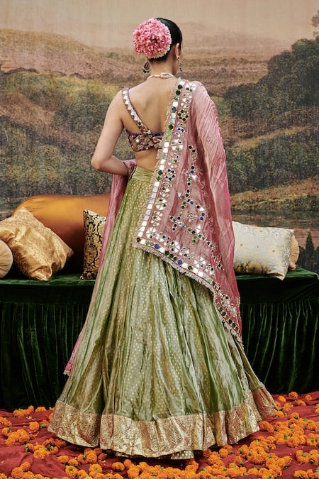 Shop_Itrh_Green Velvet, Tissue, Chanderi Mirrors Azal Sheesh Embroidered Lehenga Set _at_Aza_Fashions
