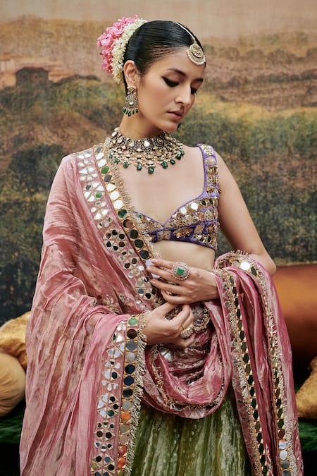 Itrh_Green Velvet, Tissue, Chanderi Mirrors Azal Sheesh Embroidered Lehenga Set _Online_at_Aza_Fashions